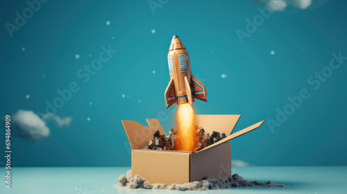 Illustration of a rocket launching from a cardboard box against a blue background, symbolizing innovation and progress. ai generative