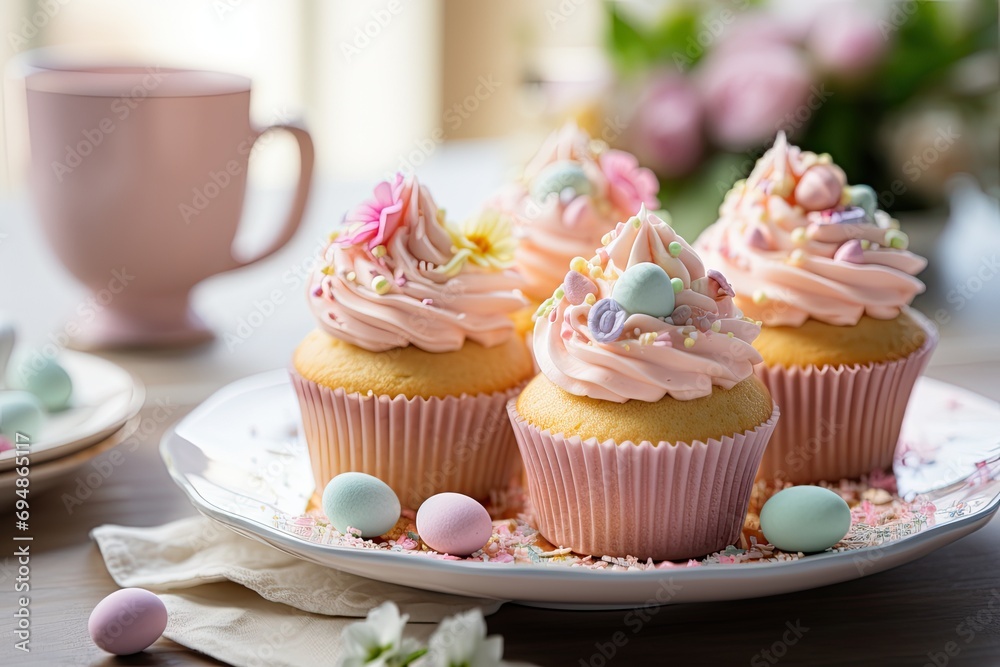 Easter-themed cupcakes with pastel frosting, festive and delicious
