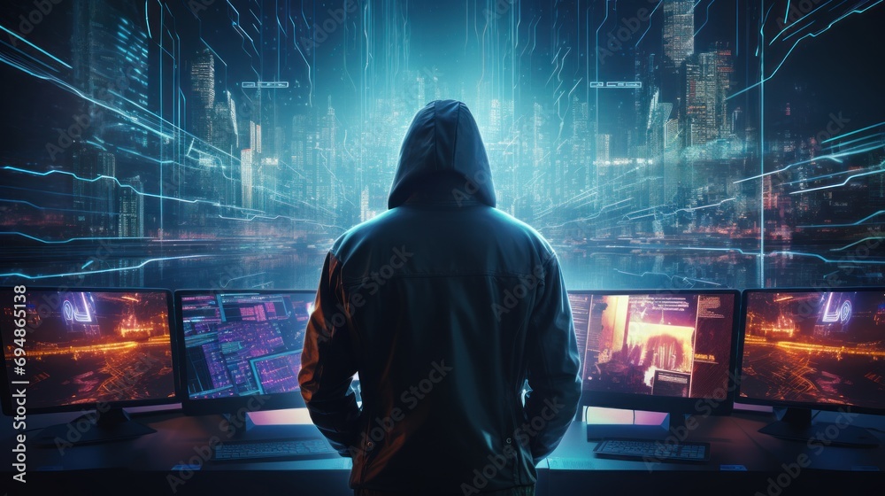 Fototapeta premium Depict a skilled cyberpunk hacker in a futuristic setting, surrounded by holographic interfaces, intricate code, and virtual reality elements