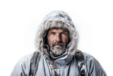 Hiker In A Layered Outdoor Ensemble Is Freezing Icicles Snow On White Background