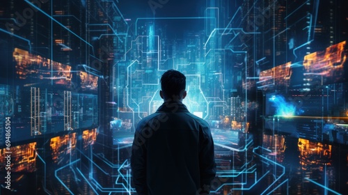 Depict a skilled cyberpunk hacker in a futuristic setting  surrounded by holographic interfaces  intricate code  and virtual reality elements