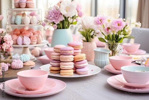 Easter-themed baking, cookies and cakes decorated with pastel icing, cozy kitchen setting