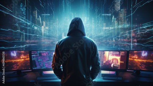 Depict a skilled cyberpunk hacker in a futuristic setting  surrounded by holographic interfaces  intricate code  and virtual reality elements