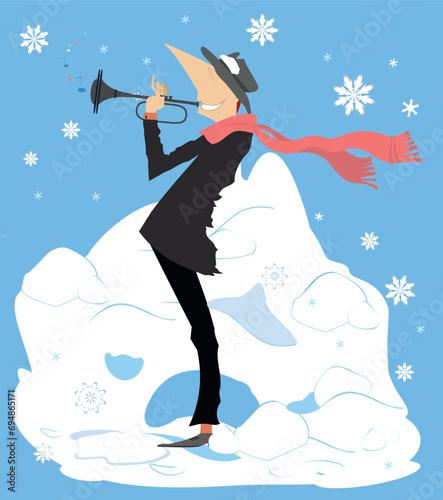 Winter. Snow. Man playing trumpet. 
Winter concert. Snowflakes. Smiling musician playing trumpet with inspiration
