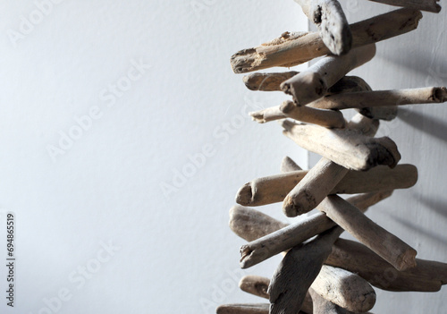Driftwood art. Close up of a decoration made of wooden sticks.