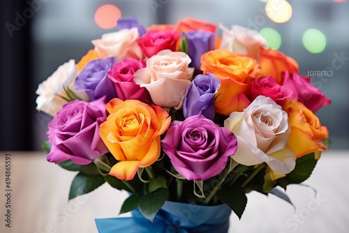 beautiful bright bouquet of colorful roses with white card with the inscription happy birthday  concept of congratulations on the holiday