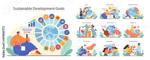 Sustainable Development Goals set. Global objectives for 2030. Eradicating hunger, ensuring education and gender equality. Promoting clean energy and economic growth. Flat vector illustration.