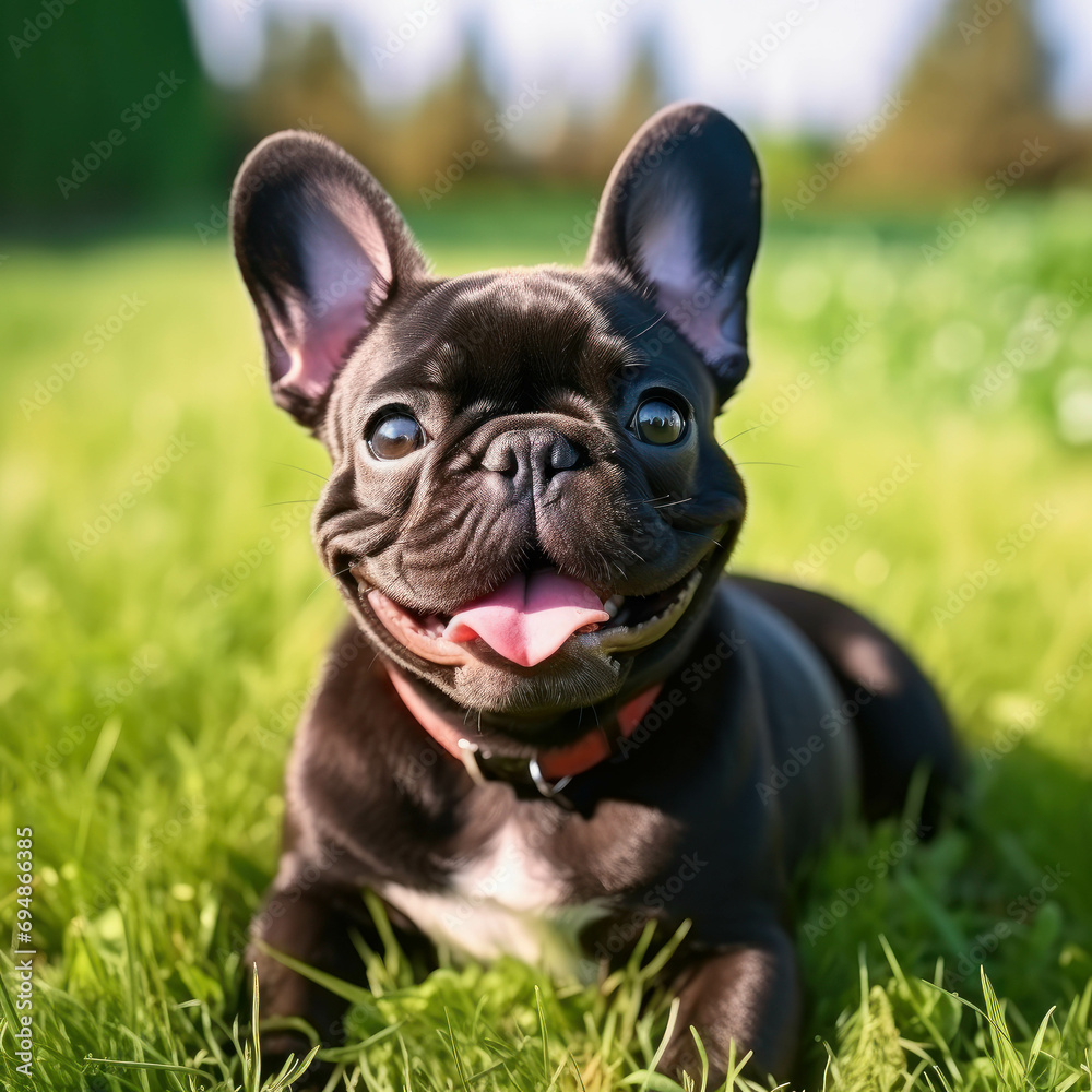 Lovely French Bulldog on green grass, an adorable pet enjoying the outdoors. This cute companion adds charm and warmth to your animal photography collection. ai generative