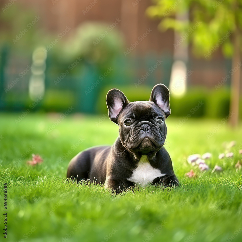 Lovely French Bulldog outdoors on green grass. Adorable pet enjoying the fresh air and nature, a perfect addition to your collection of cute and playful animals. ai generative