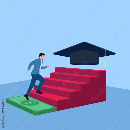 person climbing money ladder towards graduation cap, metaphor of educational scholarship. Simple flat conceptual illustration.