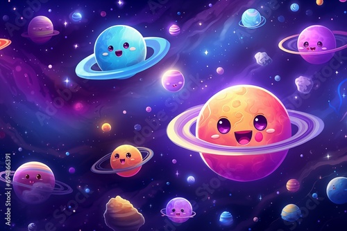 Space Adventure with Kawaii Planets. Generative AI illustration