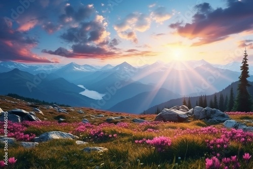 Breathtaking panorama of morning wild nature high in mountains 