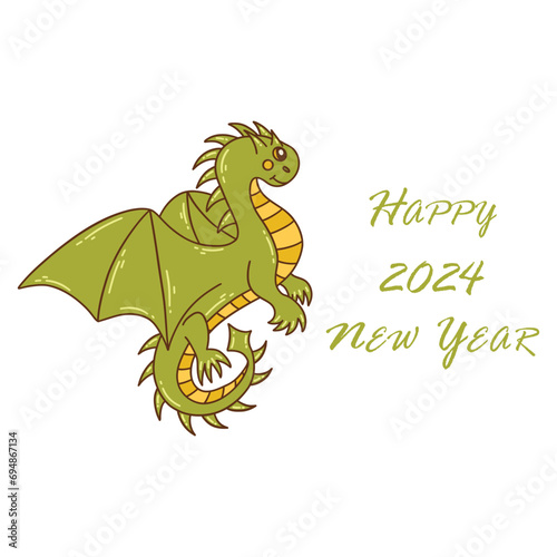 Flying green dragon soars in the air. Happy 2024 New Year text. Colorful vector isolated illustration hand drawn doodle. Symbol of the year 2024. Reptile from Asian countries  oriental animal banner
