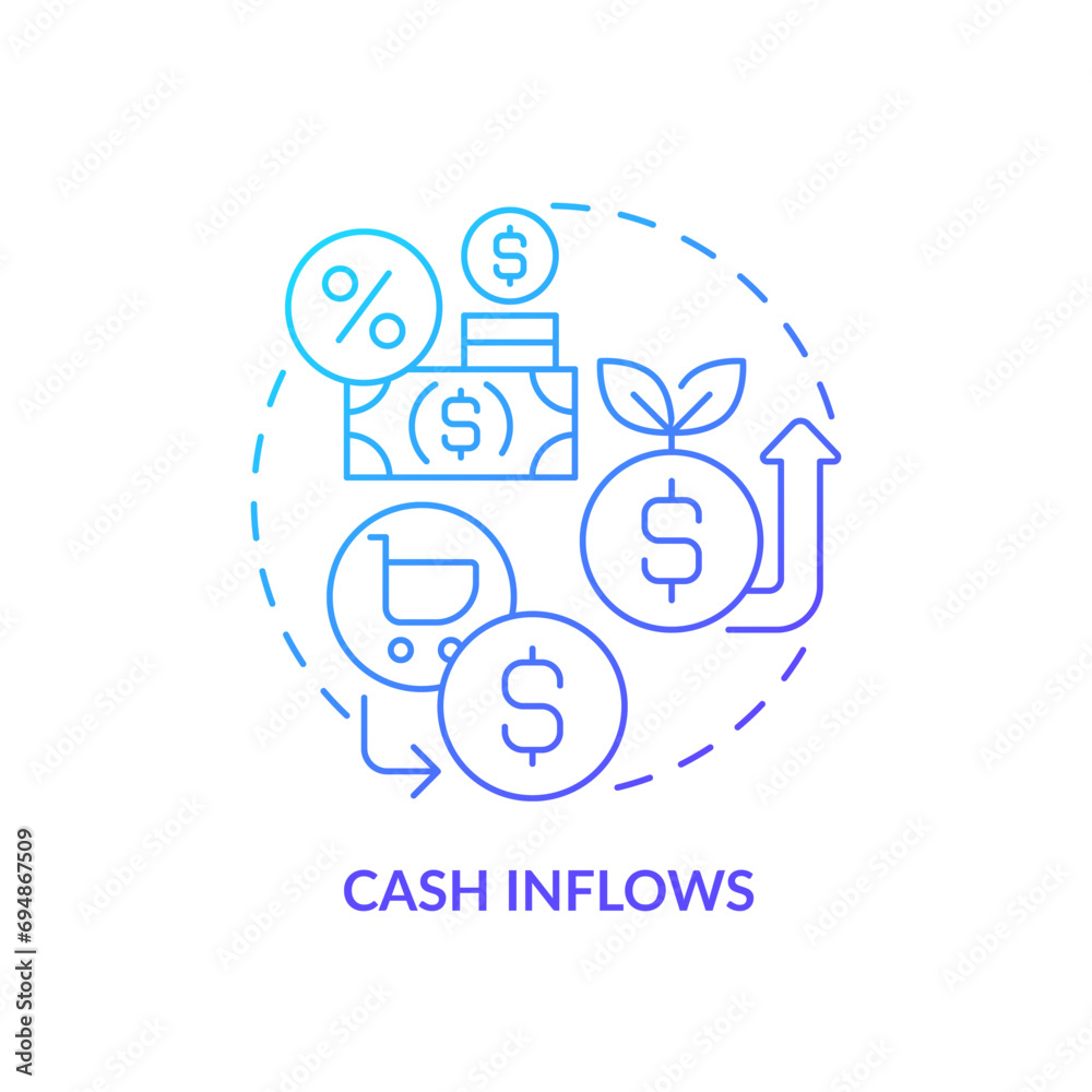 2D gradient cash inflows icon, simple isolated vector, blue thin line illustration representing cash flow management. 2D gradient cash inflows icon, simple isolated vector, blue thin line illustration representing cash flow management.