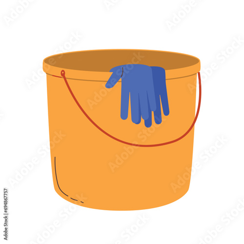 Bucket and gloves. Cleaning tools. Modern flat vector illustration isolated on white background