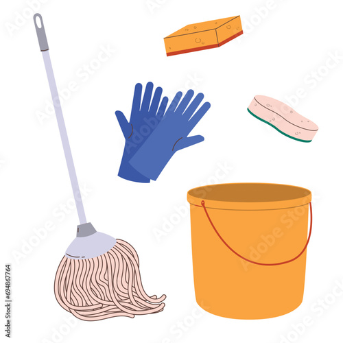Cleaning tools - bucket, mop, sponges and gloves. . Modern flat vector illustration isolated on white background