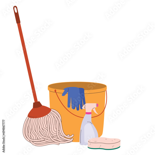 Cleaning tools - bucket, mop, bottle, sponge and gloves. . Modern flat vector illustration isolated on white background
