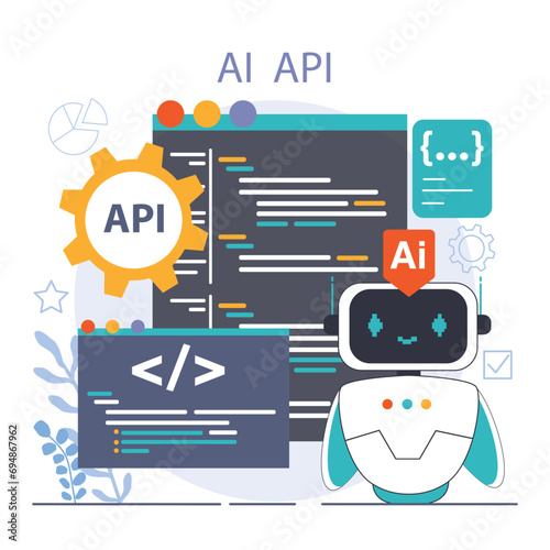 Ai integration. Artificial intelligence and human synergy. Neural network assistance and robotization of life. Self-learning computing system processing big data. Flat vector illustration