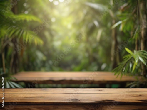 Empty-wooden-tabletop-podium-in-garden-open-forest,-blurred-green-plants-background-with-space.-organic-product-presents-natural-placement-pedestal-display,-spring-and-summer-concept photo