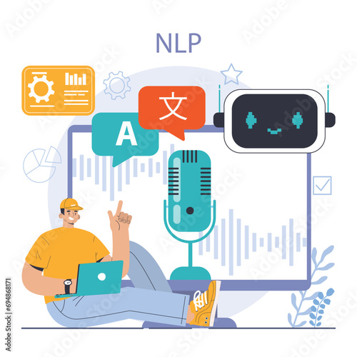 Ai integration. Artificial intelligence and human synergy. Neural network assistance and robotization of life. Self-learning computing system processing big data. Flat vector illustration