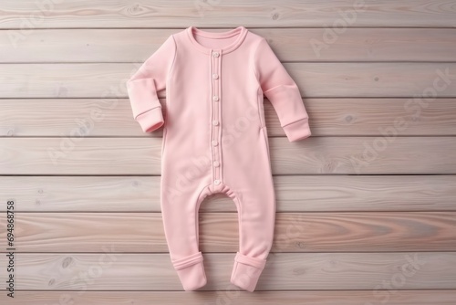 Blank pink baby sleepsuit mock up. Empty new born fabric sleepwear mock up, top view