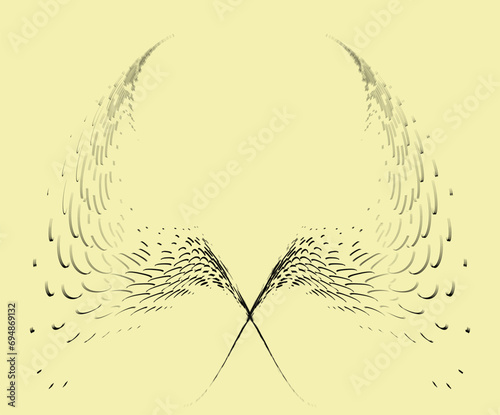 A frame of sketchy smooth strokes of a soaring pair of phoenix wings. Glitch shifting of contours. Simulates motion in a blurred image. Space for copying text. Vector.