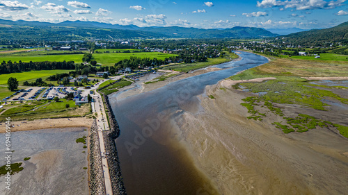 Aerial of the Gouffre River flowing in the St. Lawrence River, Quebec, Canada photo