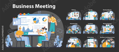 Business meeting night or dark mode set. Corporate teamwork and strategy sessions. Webinars, brainstorming, and actionable outcomes. Efficient virtual collaboration. Flat vector illustration.