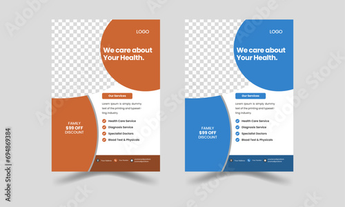 Bundle of Customizable Modern Creative Medical Flyer Templates in Orange and Blue Color. A Variety of A4 Flyer Designs for a Modern Appeal