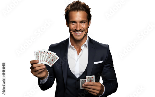 Handsome Male Magician Holding Cards isolated Isolated on Transparent Background PNG.