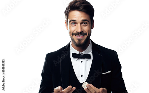 Handsome Male Magician Holding Coin isolated Isolated on Transparent Background PNG.