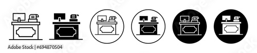 cashier table icon. financial banking money credit or debit receipt counter table logo. supermarket mall pos point of sale machine use by cashier symbol. checkout cash desk service sign