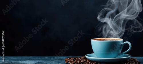 Cup of Coffee with Smoke and Coffee Beans, International Coffee Day Concept Banner with Copy Space