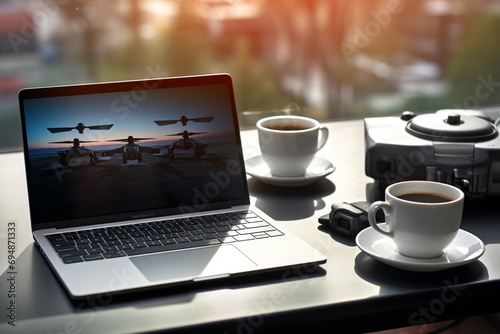 Laptop and drone with coffee cup on table at office
