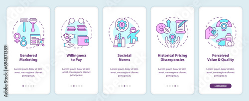 2D icons representing pink tax existence mobile app screen set. Walkthrough 5 steps colorful graphic instructions with thin line icons concept, UI, UX, GUI template.