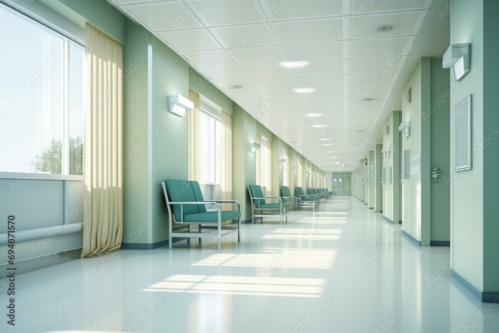 Long hospital bright corridor with rooms and seats