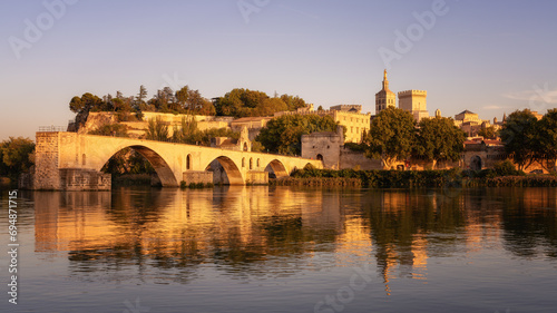 Bridge St. Benezet over Rhone River with Notre Dame des Doms Cathedral and Papal Palace, UNESCO World Heritage Site, Avignon, Provence, Provence-Alpes-Cote d'Azur photo