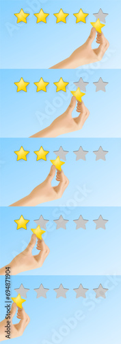 Hand Puts Five Rating Star On Blue Wall
