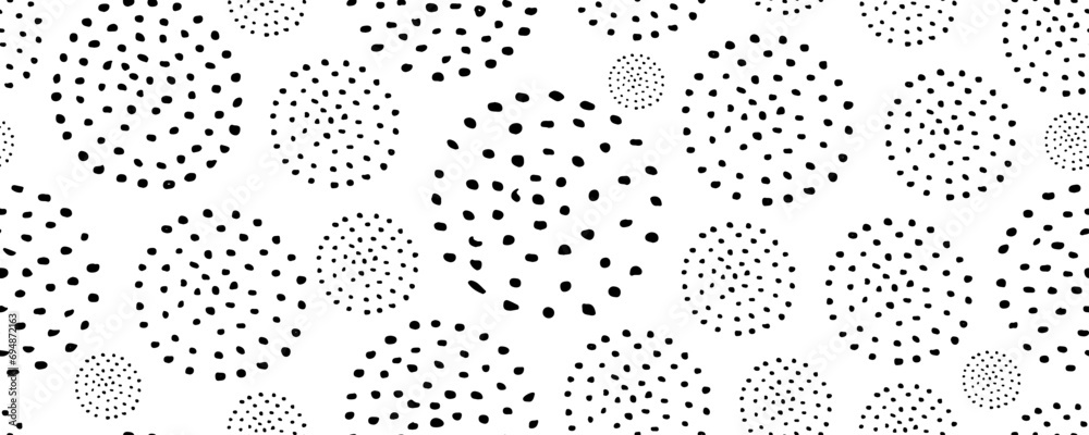 Vector seamless pattern black circles. Hand drawn grunge dots . Chaotic ink brush.