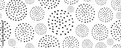Vector seamless pattern black circles. Hand drawn grunge dots . Chaotic ink brush.