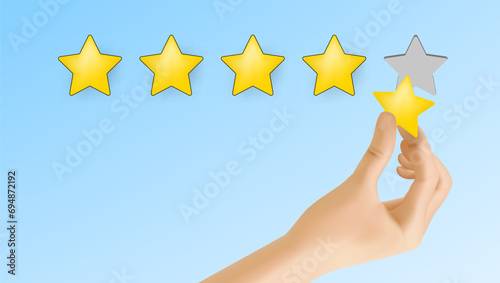 Hand Puts Five Rating Star On Blue Wall