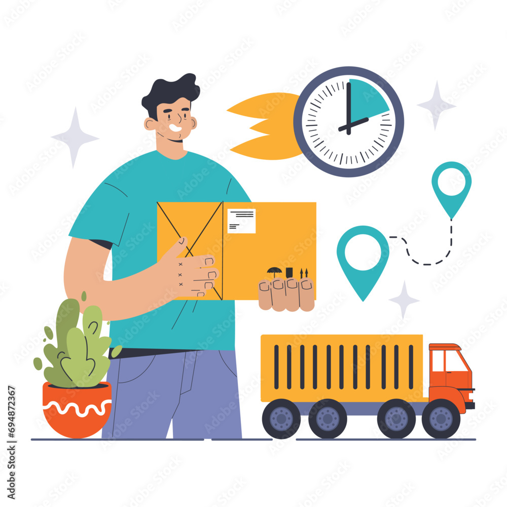 Just-in-Time Delivery concept. Man coordinates prompt parcel shipping, ensuring efficient logistics and timely arrival with clock and map pins. Streamlined freight transport. Flat vector illustration Just-in-Time Delivery concept. Man coordinates prompt parcel shipping, ensuring efficient logistics and timely arrival with clock and map pins. Streamlined freight transport. Flat vector illustration
