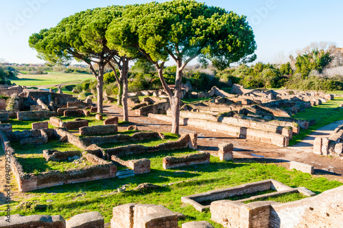 View from above of Decumanus (Main road), Ostia Antica archaeological site, Ostia, Rome province, Latium  photo