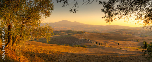 View of golden Tuscan landscape near Pienza, Pienza, Province of Siena, Tuscany photo