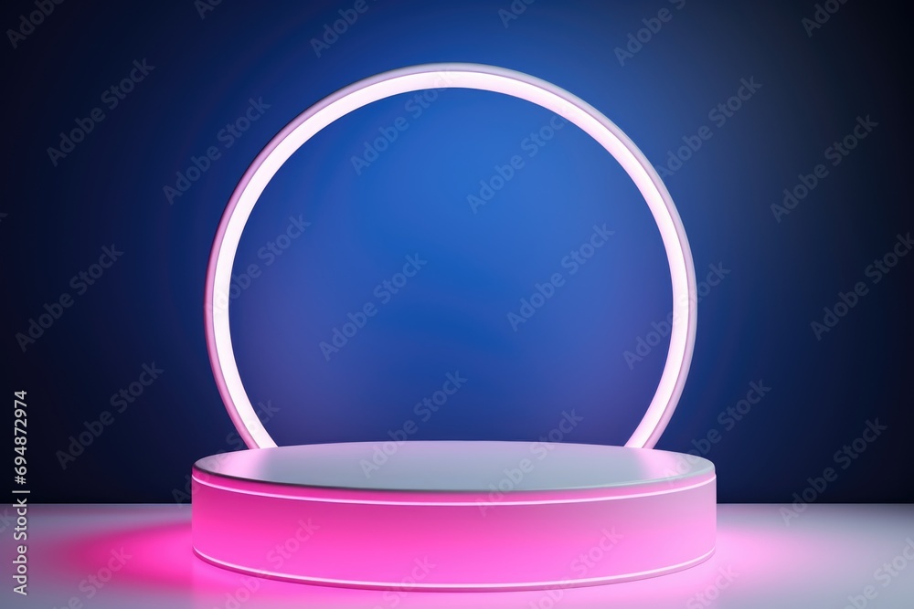 A pink and white circular object on a table, podium, stage, mockup for beauty product.