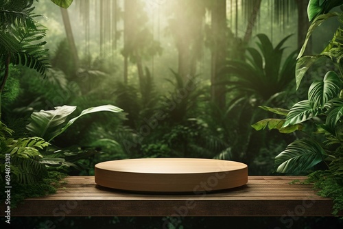 Product presentation with a wooden podium set amidst a lush tropical forest, enhanced by a vibrant green backdrop.