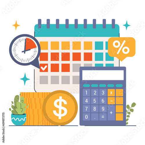 Debt Management Essentials concept. Calendar and clock signify timely payments while calculator and interest symbol denote financial planning. Flat vector illustration photo