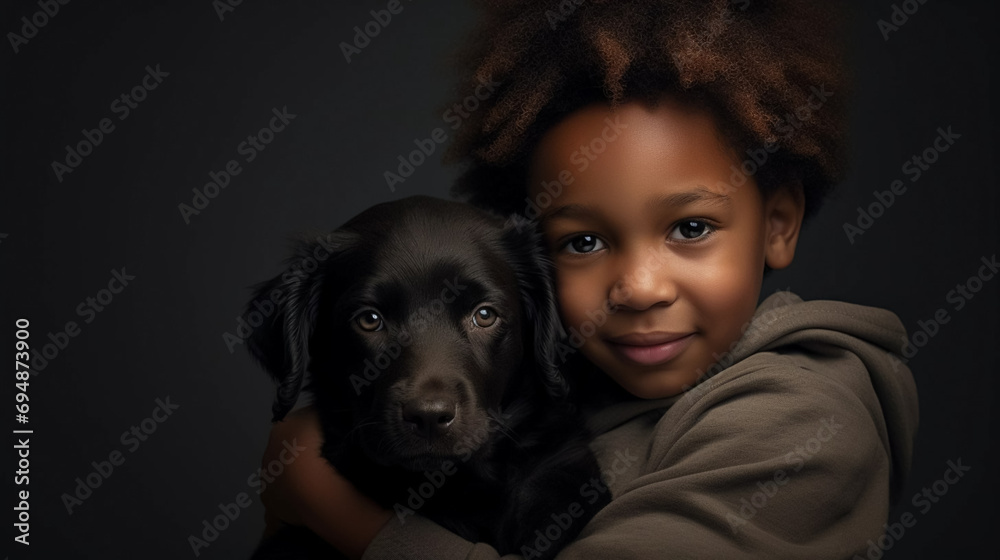 copy space, stockphoto, realistic, National Love Your Pet Day. Little black boy hugging his dog. Peaceful scene. Love and friendship between an animal, dog and boy, owner. copy space, stockphoto, realistic, National Love Your Pet Day. Little black boy hugging his dog. Peaceful scene. Love and friendship between an animal, dog and boy, owner.