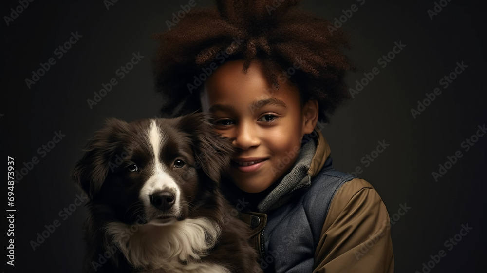 copy space, stockphoto, realistic, National Love Your Pet Day. Little black boy hugging his dog. Peaceful scene. Love and friendship between an animal, dog and boy, owner.