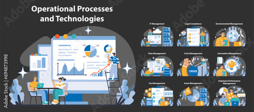 Operational processes and technologies night or dark mode set. Diverse business activities and system management. Cohesive work environment, strategic planning. Flat vector illustration.